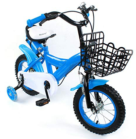 OUKANING 12 Zoll Kinderfahrrad Mit Stützräder, Fahrrad Für Jungen Und Mädchen, Bike Kinderrad Kohlenstoffstahl Rahmen Mit Korb (Farbe: Blau)
