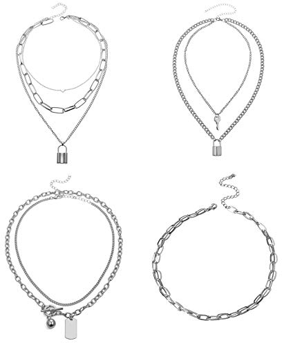 JewelryWe Schmuck 4PCS Halskette Damen mit Schloss Schlüssel Dog Tag Anhänger & Mehrschichtige Choker Kette Geschenk Silber mit Gravur