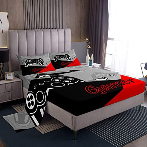 Feelyou Kids Gamer Bed Sheets Set Boys and Girls Gaming Bedding Set Video Game Controller Fitted Sheets 4Pcs Sheets Includes 1 Sheet & 1 Flat Sheet with 2 Pillowcases Red Black (Queen)