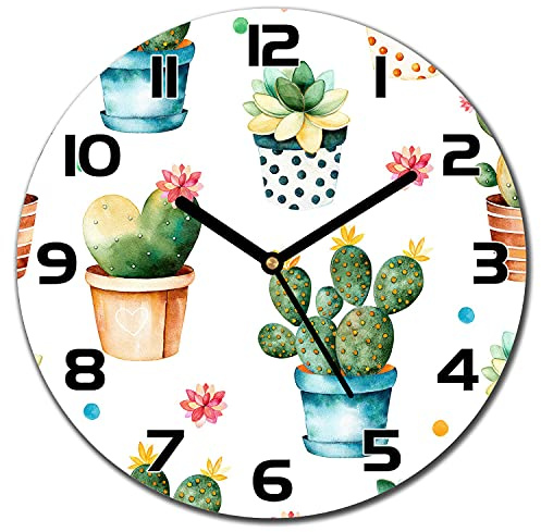 Coloray Reloj De Pared Silenciosa De Vidrio Pintura Reloj Original ⌀ 30 cm - Manos Negras - Moderno Decorativo Mural Arte - Cactus suculento