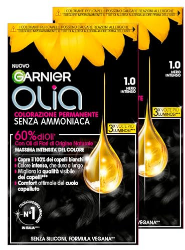 2 x Garnier Olia Midnight Permanente Haarfarbe Farbe 1.0 Intensives Schwarz ohne Ammoniak zarter Duft - 2 Farben