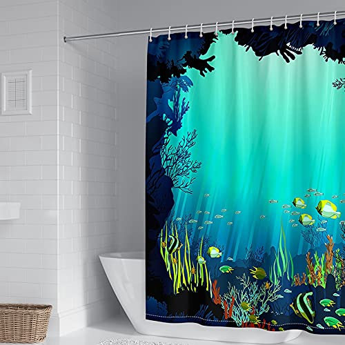 Daesar Rideaux Douche Anti Moisissure, Rideau de Douche 150x200cm Impermeable Lavable Rideau de Douche en Polyester Le Monde sous Marin, Bleu Vert