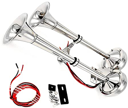 YIYIDA Autohupe Car Horn 24V Bootshupe Edelstahl 160DB Doppelrohrhupe Elektrische Hupe Silber LKW Hupe 304 super laute Autolautsprecher Lufthupe geeignet für 24v Boot Auto Yacht RV Motorrad etc
