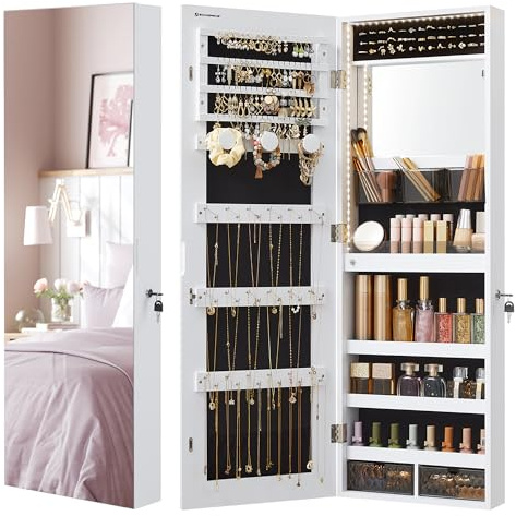 SONGMICS Mirror Jewelry Cabinet Armoire Organizer, Wall or Door Mount Storage Cabinet with Full-Length Frameless Lighted Mirror, Built-in Makeup Mirror, 2 Drawers, Lockable, White UJJC013W01