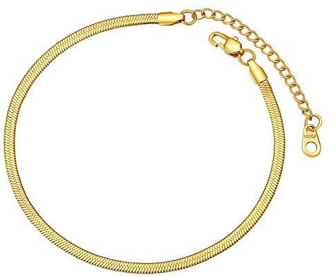 FOCALOOK Bracelet Pied Femme Plaqué Or 22cm Chaîne de Cheville à Maille Serpent Plat 3mm