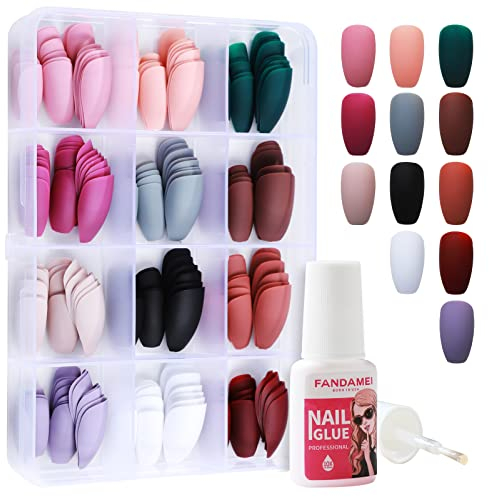 FANDAMEI 12 Farben 288 Stk. Matte Künstliche Nägel zum Aufkleben Mittlere Länge, Coffin Falsche Nägel Gefälschte Nägel, Acryl Nagelspitze, Künstliche Fingernägel Ballerina, mit Nagelkleber