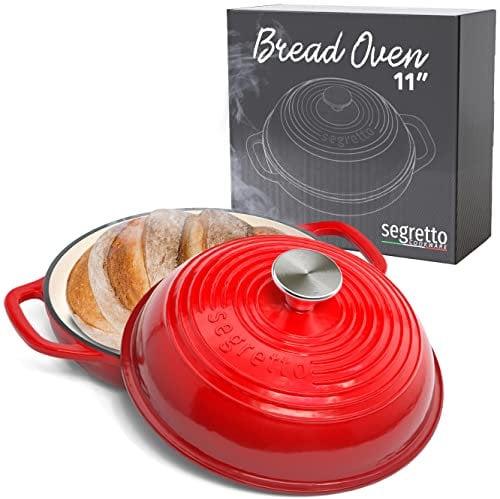 Segretto Cookware Enameled Cast Iron Bread Pan with Lid, 11” Red Bread Oven Cast Iron Sourdough Baking Pan, Dutch Oven for Bread, No Seasoning Needed -