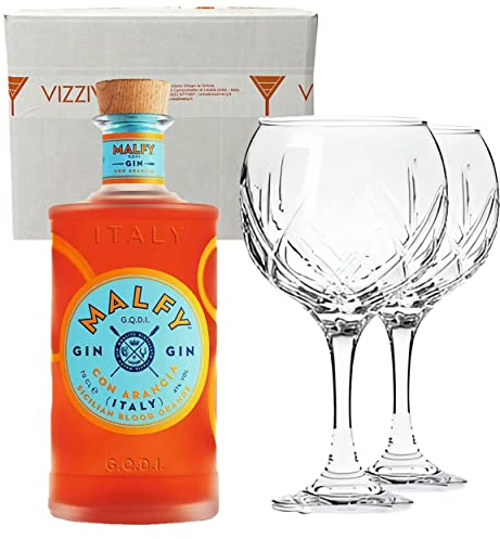 MALFY GIN ARANCIA 41% Vol 700 ml - Due Bicchieri In Vetro Borgonovo 620 ml