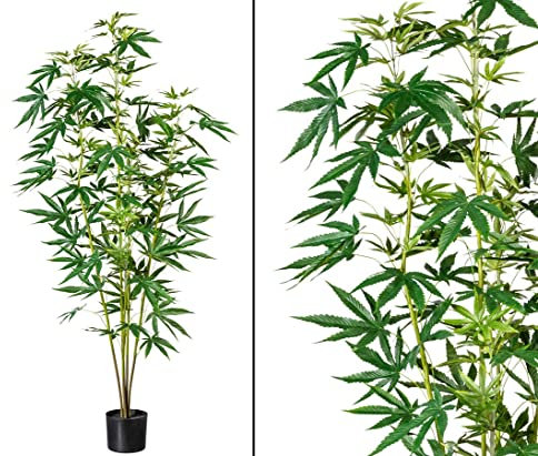 bambussi Marijuana Hanf Kunstbaum 160cm mit 5 Zweigen und Blättern im Topf