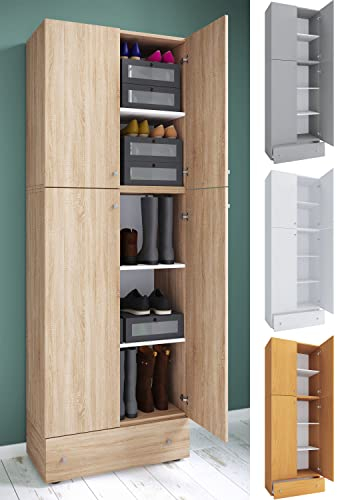 VCM Holz-Schuhschrank | Maße: H. 200 x B. 70 x T. 39 cm| Allzweckschrank | 5 Fächer | 4 Drehtüren | extra Schublade– Lona Buche