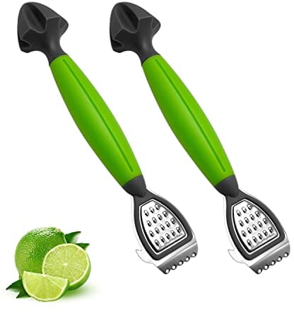 2 peladores de limón con cómodas asas de plástico, escariador multiusos de acero inoxidable, herramienta de cocina 3 en 1 para cítricos, frutas de lima, pelar, exprimir (verde)
