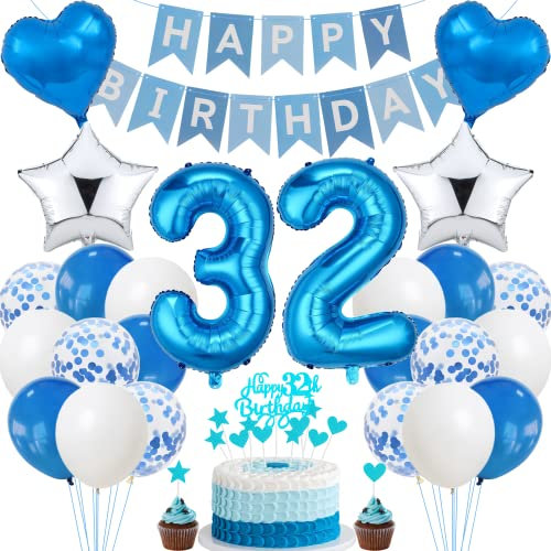 Jrzyhi 32. Geburtstag Dekoration,Blau Tortendeko Geburtstag 32 Jahre Männer,Party Deko Silber,32 Geburtstag Frauen Männer,Tortendeko 32. Geburtstag Mann Frauen,Geburtstagsdeko 32 Jahre Mann Frauen