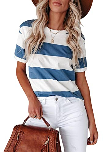 HEYPORK Damen Sommer Top Bluse Bequem Lässig Mode T-Shirt Blusen Frauen Frühjahr/Sommer Mode Blau Weiß Gestreift Druck Rundhals Kurze Ärmel Lässig T-Shirt(Blau, L)