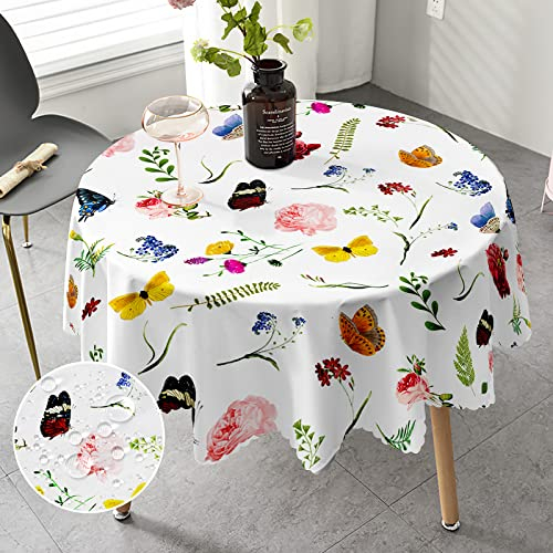 iEvery Floral Round Tablecloth 150cm, Polyester Wipe Clean Table Cloth Waterproof Garden Circle Table Cover for Kitchen Dinning Party Picnic Patio Outdoor