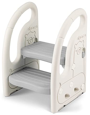 Onasti Step Stool for Kids, Toddler Step Ladder with Handles, Height Adjustable 2 Step Stool, Plastic Ladder/Toddler Helper Stool for Potty Training, Bathroom Sink, Bedroom & Kitchen (Grey-white)