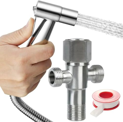 SOLTANA Kit Ducha Higiénica para WC – Rociador de Bidé Manual en Acero Inoxidable – Válvula de Doble Salida 1/2 – Manguera de 1,20 m – Adaptadores Incluidos – Fácil Instalación, (NÍQUEL CEPILLADO)