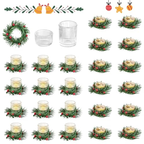 Glasseam Teelichthalter Weihnachten Kerzenhalter Glas, 24er Set Kerzengläser Klein Teelichtglas, Gerippt Teelichtgläser mit Kerzenring, Vintage Teelicht Gläser für Esstisch Tischdeko