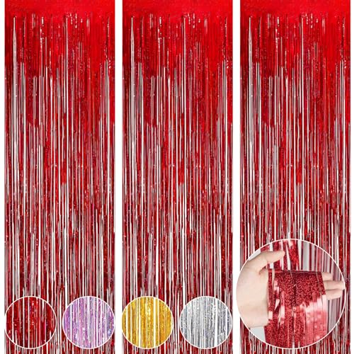 OFFCUP Lametta Vorhang, 3pcs Metallische Glitzervorhang Fringe, Tinsel Folie Vorhang Folienfransen Vorhang, Glitzer Folien Fransen Lametta Vorhänge Folie Hintergrund für Geburtstag Party/Hochzeit(Rot)