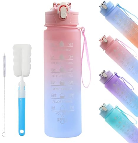 YekouMax Botella Agua 750ml, Botella Gym sin BPA, Garrafa Agua con Pajita, Botella de Agua Deportiva para Gimnasio, Fútbol, Cantimplora, Colegio, Madre, Niña, Niño (Rosa Degradado)