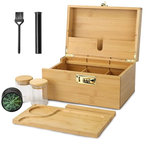 REANICE Gro?es Bambus Box Tablett Set£¬Geschenk Set mit Rolltablett und 5 Zubeh?rteilen, Trennw?nde, luxuri?ses Stash Box, Holz-Aufbewahrungsset mit Schloss f¨¹r Aufbewahrungsgegenst?nde
