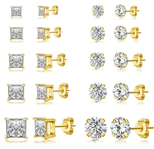 LOUMILEO 10 Paar Ohrringe Gold Stecker für Damen Ohrringe Gold Set Hypoallergen Rund Quadratisch Cubic Zirkonia Ohrstecker Gold für Damen Gold Ohrringe Set für Mehrere OhrlöCher 3/4/5/6/8 mm
