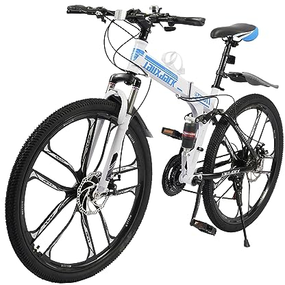 Mountainbike 26 Zoll, 21 Gang Faltrad Klappbar Fahrrad, Vollgefederte Fahrräder, Doppeltem Scheibenbremsen, MTB-Fahrrad für Männer und Frauen