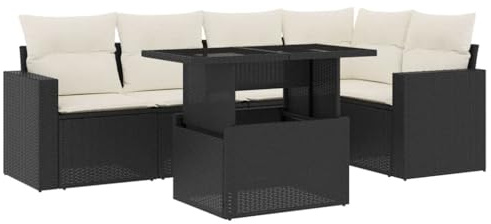 vidaXL Garten Sofa Garnitur 6-TLG., Gartenmöbel Set mit Kissen Modular, Lounge Sitzgruppe für Garten Terrasse, Gartentisch Verstellbare Tischplatte, Schwarz Poly Rattan