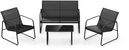 KOMFOTTEU Gartenmöbel Set für 4 Personen, Textilene Gartenmöbelset, Garten Sitzgarnitur mit Gartensofa & 2 Gartensessel & Couchisch, Terrassenmöbel Balkonset Atmungsaktiv, Schwarz