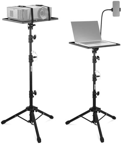 OTREST Projektorständer mit um 180° neigbarer Tablett und Telefonhalter, 3 teiliges Teleskop 76-145cm Beamer Stativ/Laptop Stand, tragbares klappbares Projektorstativ für Studio/Bühne, 10kg Belastung
