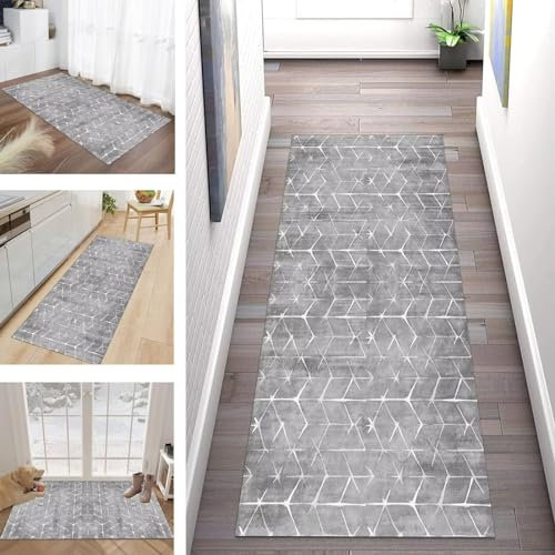 Buatisf Teppich Läufer Flur Küche, Waschbar Kücheteppich rutschfest Grau Flurläufer Lange Küchenläufer für Korridor Schlafzimmer, Modern Polyester Teppichläufer auf Maß Meterware