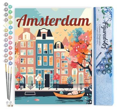 Figured'Art Peinture par Numéro Adulte Affiche de voyage Amsterdam en fleurs - Activité Manuelle Kit de Loisir Créatif DIY Numéro d'Art Complet - 40x50cm sans châssis en bois