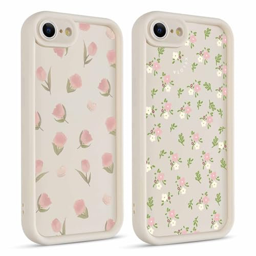 Foonary 2 Pièces Coque pour iPhone 7/8/SE2020/2022 4,7 avec Rose Fleurs Motif Aesthetic Mignon Design Étui, Housse de Protection Souple Silicone Antichoc Bumper Case Cover pour iPhone 8,Beige