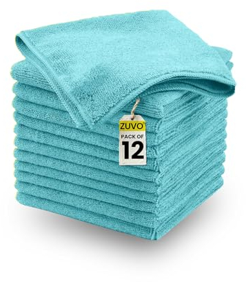 Zuvo Microfibre Cloth Pack of 12 (32x32 cm) - Ultra-soft, Highly Absorbent, Lint-Free Cleaning Rags,Reusable Large Cloths for Home, Office, Car Care, and Glass in Blue
