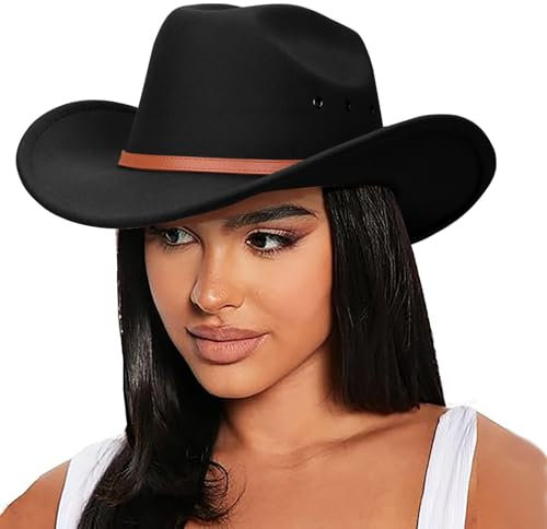 DRESHOW Cowboyhut für Damen & Herren Viehzüchter Western Fedora Filzhut Cowgirlhut mit Breite Krempe und Schnallengürtel Unisex Aufrollbare Krempe Hut