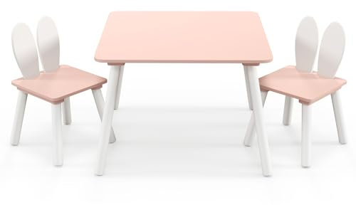 GOPLUS Table Enfant avec Chaise, Table d'Activités pour Tout-Petits avec Dossier Ergonomique en Forme d'oreille de Lapin, Coins Arrondis 1 Table 2 Chaises pour Filles Garçon pour Dessin, Étude (Rose)