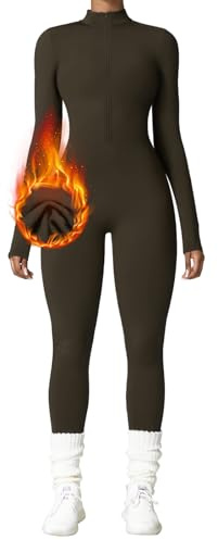 OEAK Damen Sport Jumpsuit Lang Eng Yoga Overall Langarm Rollkragen Playsuits mit Reißverschluss Nahtloser Fleece gefüttert Bodysuit Einteiler Romper,Kaffee,XL