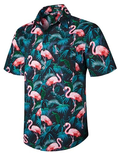 Enlision Chemise hawaïenne à manches courtes pour homme - Style décontracté - Unisexe - Pour la plage, les vacances, le surf, G24-flamant rose/noir/vert, 4XL