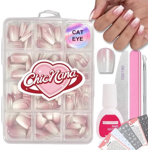 False Nails Kit, 240Pcs Gradient Pink Cat Eye Glitetr Press On Nails with Glue, Ballerina Ombre Fake Nails 12 Sizes Stick On Gift for Girls (05-Short Coffin-Glitter Cat Eye, 240pcs)