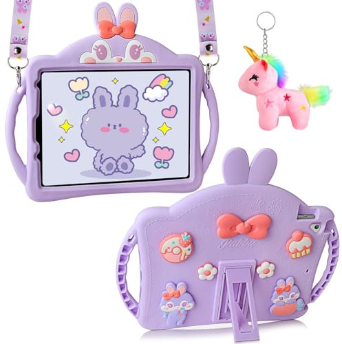 Aolcev for iPad 6th/5th Generation Case for Kids Girls, Pro 9.7 Inch, Air 2 Heavy Duty Shockproof Silicone Case with Stand Lanyard Unicorn Keychain Tablet Protective Cover for iPad 9.7 inch-Purple