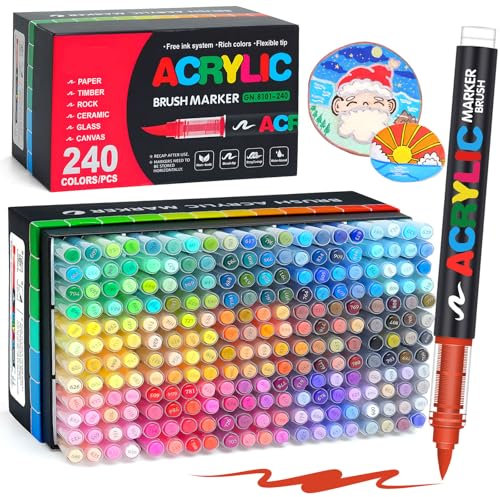 240 Colores de Rotuladores Acrílicos para piedras Resistente al Agua, Acrylic Markers con Punta de Pincel, Paint Markers Ideales para Pintar Piedras, Porcelana, Vidrio, Lienzo, Cerámica (240)