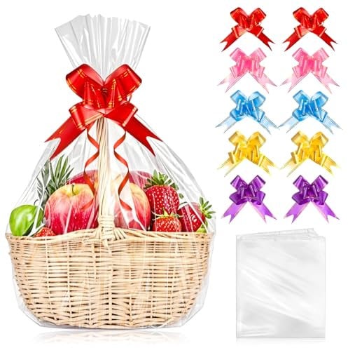 SelfTek 10 Stück Geschenkfolie Transparent Cellophantüten, Große Cellophanfolie 58 x 85cm, Durchsichtiges Geschenkfolie Zellophantüten Mit 10 Zugschleifen für Geschenke Körbe, Blumen, Hochzeit