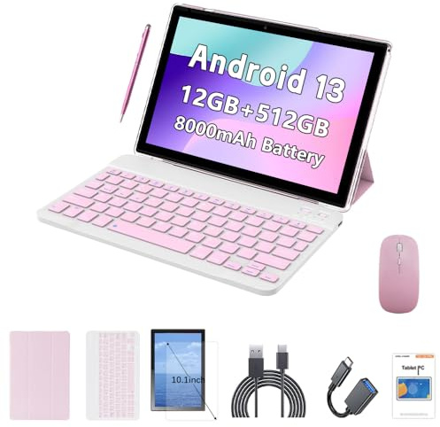 Crelander Tablette Android 13 de 10,1 avec fente pour carte SIM 4G LTE Appel, batterie 12 Go + 512 Go, batterie 8000 mAh, double caméra, Bluetooth/WiFi, ensemble avec étui, clavier, souris et stylet