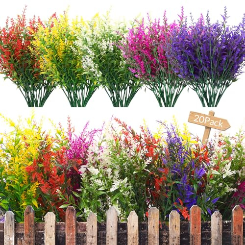 saerryor 20 Bundles Artificial Flowers Outdoor Artificial Lavender Flowers | Indoor and Outside, Plastic Faux Flower, UV Resistant Fake Plants for Garden Home Bedroom Office Wedding Decor