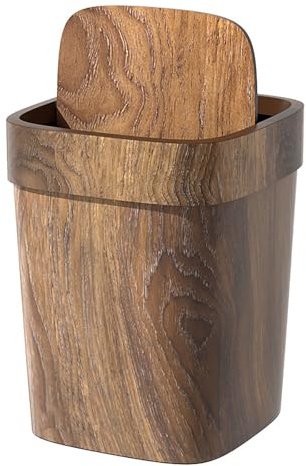 Retro Bin with Lid Imitation Wood Grain Small 8.7 * 10in Waste Bin Vintage Style for Kitchen, Bathroom, Bedroom - Reusable & Easy Clean