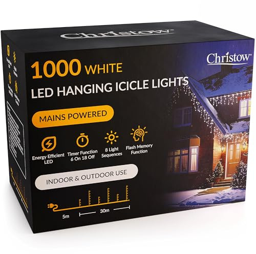 CHRISTOW Hanging Icicle Christmas Lights, White, 1000 LEDs | 5mm LEDs, 30/60cm Drops, 8 Modes, Memory, 6-Hour Timer, Mains Powered, 5m Cable, Indoor/Outdoor Use, 30m Lit Length