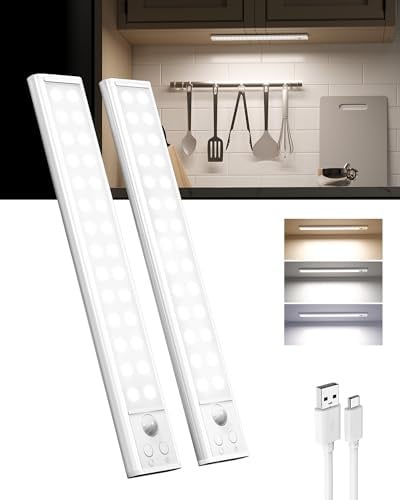 EZVALO 25cm LED Schrankleuchte mit Bewegungsmelder - Kabellose Unterbauleuchte mit 1800mAh USB‑Akku, 3 Farbmodi & Dimmer für Küche, Kleiderschrank & Treppe - 2er Set