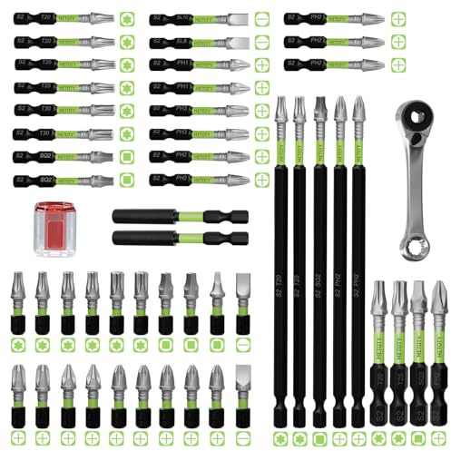 52-PCS Impact Screwdriver bit Set is Resistant and Magnetic, Featuring a Mix of Various Sizes and Lengths. It Includes a Magnetizer, an Extension Rod, and a Wrench to Meet Your Work Needs