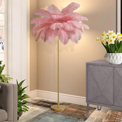 KCYXSMAX Federlampe Stehlampe Wohnzimmer, Stehlampe Aus Natürlichen Straußenfedern mit 3-Farbig Dimmbarem, 160cm Hoch, für Schlafzimmer, Lesen, Büro