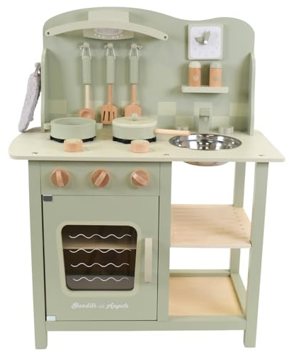 Bandits & Angels Holz Kinderküche Chef Deluxe Grün ab 2 Jahren für Jungen und Mädchen – Thekenhöhe 46 cm – inkl. 8 Zubehörteile – Kinderküche Grün – Holzküche