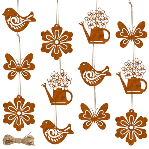 12 Stück Frühlingsdeko Hängedeko, Rost Metall Gartendeko, Ostern Deko, Ostern Metall Schmetterling Vogel Blumen Gießkanne deko, Rostdeko Gartendeko mit Seil, Hängedeko Set für Fenster, Outdoor, Garten